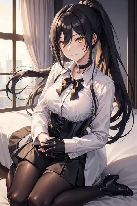 Sakuya Shirase, Sakuya Shirase first, long black ponytail hair, masterpiece, The best quality, high resolution, Beautiful detailed eyes, amber yellow eyes, extremely detailed face, good lighting, Detailed CG, 1 woman, kneeling on a bed, View from the front...