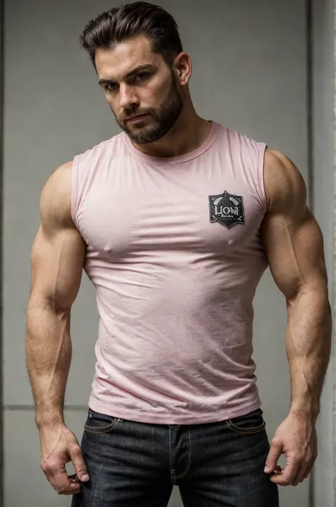 backside close up masterpiece, Better quality, ultra detailed, (muscle shirt, short beard,  29 years old,) checkpoint rpg , in London, (elegant fashion pink shirt con logo de Dior),,  extremely detailed description,  Detailed eyes, muscular, stocky imposin...