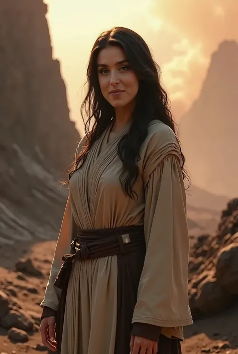 masterpiece, best quality, (photorealistic:1.4), full body, dressed as jedi knight in brown star wars tunic, volcano,  cinematic light, beautiful woman, skinny, big large breasts, wave black hair, detailed face, smile, facing the camera, photo taken from a...