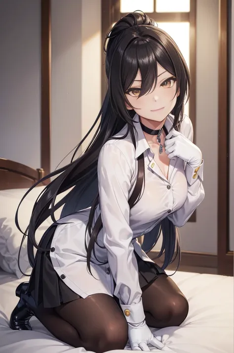 Sakuya Shirase, Sakuya Shirase first, long black ponytail hair, masterpiece, The best quality, high resolution, Beautiful detailed eyes, amber yellow eyes, extremely detailed face, good lighting, Detailed CG, 1 woman, kneeling on a bed, View from the front...