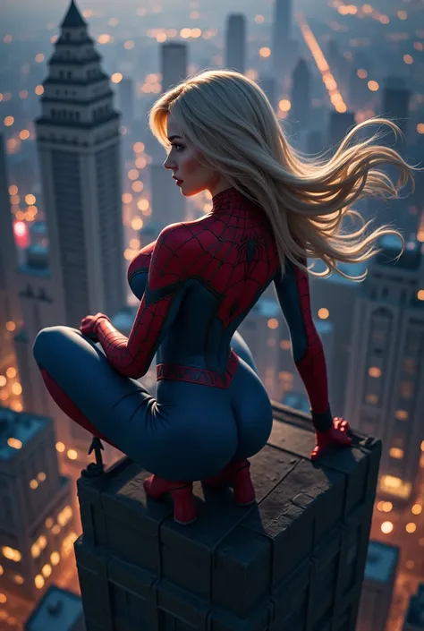 Sexy blonde dressed as Spider Gwen crouching on tobtop of a building looking over a city at night. Hair platinum blonde blowing. Head turned away. Wide hips, red blue and black suit, a light pointing to her