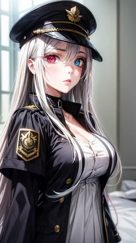 beautiful girl,(Serious expression)、black lobelia, long hair, white hair, blue eyes, (red eyes:1.2), gloves, hat, dress, cleavage, jewelry, jacket, open clothes, choker, black gloves, military, black headwear, (heterochromia:1.5), black choker, peaked cap,...