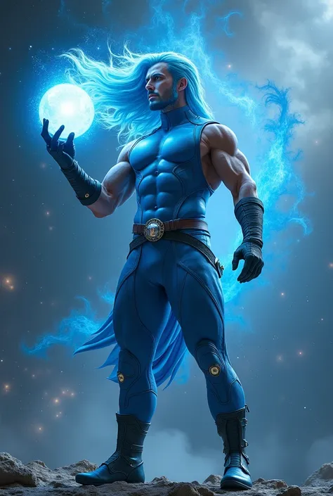 Full body photorealistic shots of handsome hunky Warrior Pallace powder blue hair. Wearing a powder blue micro scales textured tight fit leather spandex with gloves and belt and boots. Holding a magical shining sphere. Cosmic space as backgrounds 