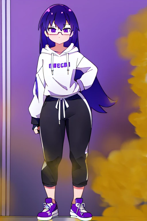 Girl, Blueish purple medium length messy hair, Purple eyes, glasses, white shirt, black hoodie, dark pants, converse shoes, fingerless gloves, slim body, 