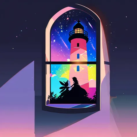 Flat illustration, 2D art, shadow art, shadow picture, Silhouette art, lighthouse, lighthouse shadow art (by Seiji Fujishiro). Lighthouse and ground made of shadows, windows made of colorful cellophane, Iridescent light is emitted from the lighthouse, with...