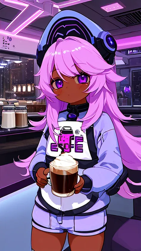 Future Girl, White skin, Purple eyes, space, Purple Hair, Blue Hair, Pink Hair, Long Hair, Dark Skin Tone, Futuristic Coffee Shop