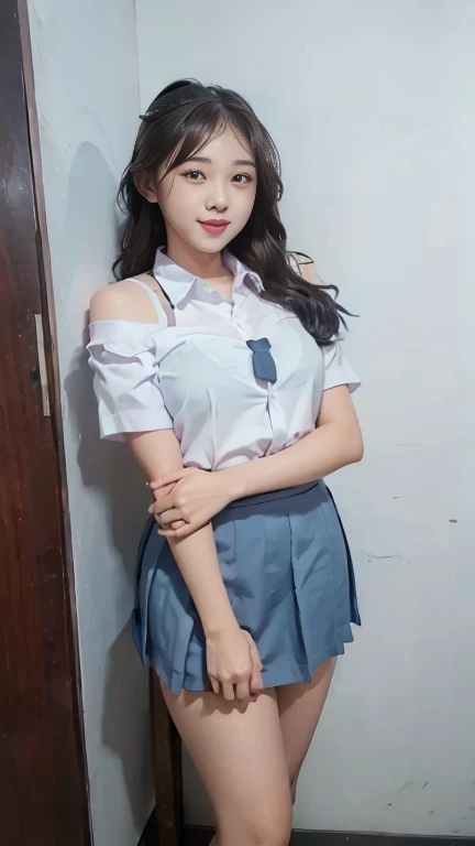 Best Quality, high resolution, Photo Shot, (Photorealistic:1.4), 1girl in, small round breasts, wide shoulder, thick body 
Sexy , (indonesian highschool uniform) , wearing white shirt, wearing grey blue short skirt, Looking at Viewer, Cute smile, Full body...