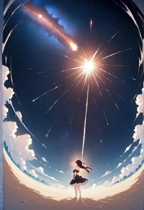 Japanese cartoons、(masterpiece:1.2),(Ridiculous:1.2),high resolution,Very detailed,stunning creation,Starry sky themed artwork、A detailed starry sky, White Sand Beach、a girl looking up at the starry sky、Black silhouette, gazing heavenward、Beautiful Effects...