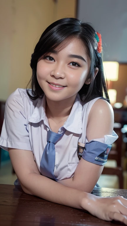 Best Quality, high resolution, Photo Shot, (Photorealistic:1.4), 1girl in, small round breasts, wide shoulder, Sexy , (indonesian highschool uniform) , wearing white shirt, wearing grey blue short skirt, Looking at Viewer, Cute smile, Full body, Detailed e...