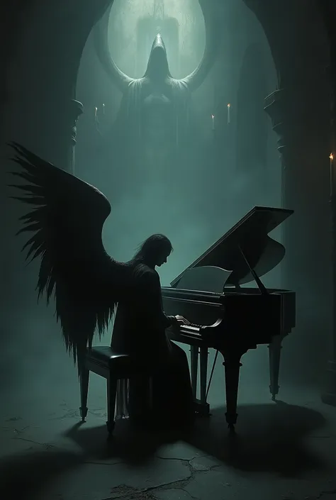 gloom atmosphere, dark angel shadowdark fantasy playing the piano cinematic,atmosphere dark 
