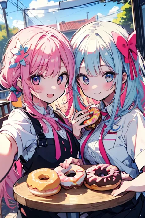 2 girls、Taking a selfie、Colorful drinks、uniform、tie、Upper Body、Cafe、smile、ribbon、可愛いsmile、Two shots、Donuts on the table