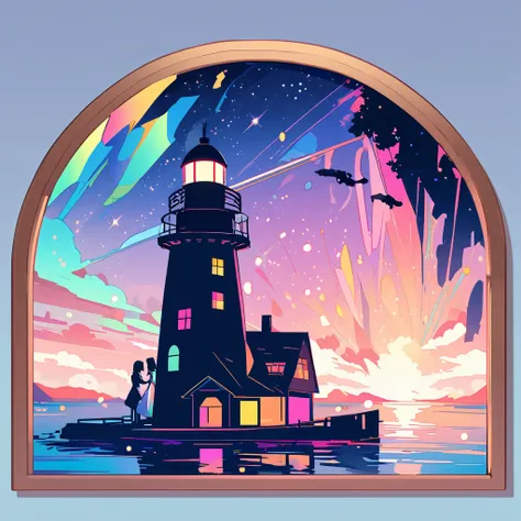 Flat illustration, 2D art, shadow art, shadow picture, Silhouette art, (lighthouse), lighthouse shadow art (by Seiji Fujishiro). Lighthouse and ground made of shadows, windows made of colorful cellophane, Iridescent light is emitted from the lighthouse, wi...