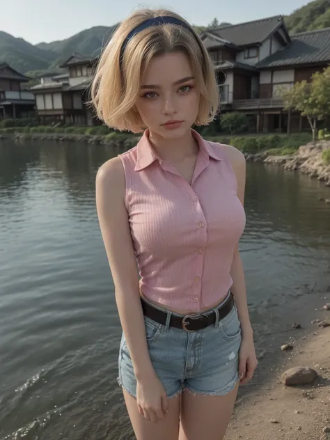 1 woman, mature woman, solo, NOT DASHA TARAN, full body standing, perfect body, best quality, 32k, photograph, full body (head to toe), tone mapping, ((houjou satoko,short hair,black hairband,blonde hair,violet eyes,hair between eyes,collared shirt,sleevel...