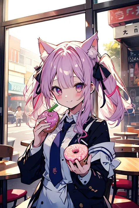 2 girls、Colorful drinks、uniform、tie、Upper Body、Cafe、smile、ribbon、可愛いsmile、Donuts on the table、Two shots、Cat ears、Angels and Demons