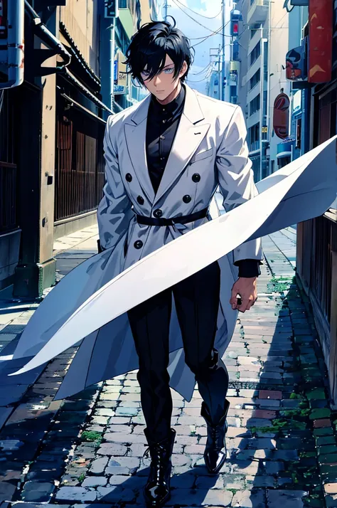 Anime style adult male short black hair,  eyes with blue pupils, Perfect physical body with a little muscle, He is wearing a black and white coat, Under his coat he wears a white shirt, black pants with military boots, On his right hand he wears a ring, fu...