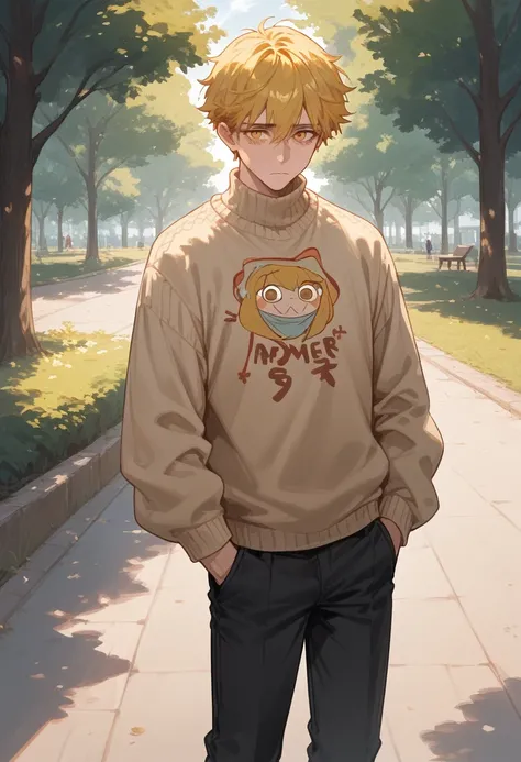 A boy with somewhat messy yellow hair,Amber eyes,a beige sweater and a jacket,black pants,is in the park, shy facial expression