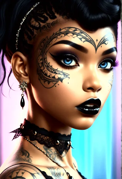 Create a photo realistic hyper realistic heavily tattooed young adorable goth african girl, beautiful perfect face, vibrant sapphire eyes, thin curved black eyebrows, long luscious eyelashes, black eyeliner, black eye shadow, puckered curved lips, thick bl...