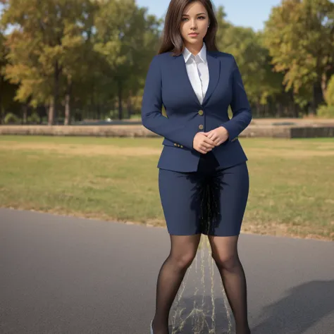 (masutepiece,High quality,16k:1.1),(depth of fields:1.3) ,((front body:1.35)),ukrainian,Woman accidentally peed., ((business suit,black pencil skirt)), tights,huge breasts, voluptuous, thicc, curvy,(Looking at Viewer:1.3),(full body shot:1.2),(Beautiful Mo...