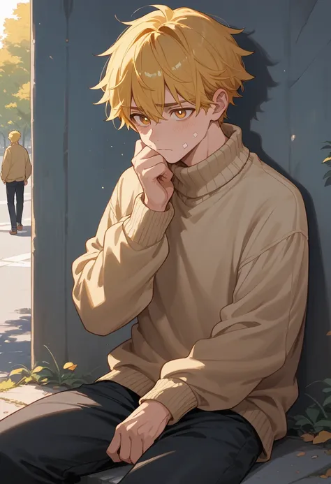 A boy with somewhat messy yellow hair,Amber eyes,a beige sweater and a jacket,black pants,is in the park, shy facial expression