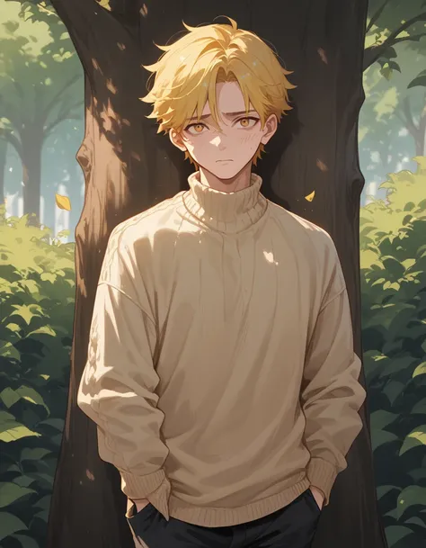 a boy with somewhat messy yellow hair,amber eyes,a beige sweater and a jacket,black pants,is in the park, shy facial expression