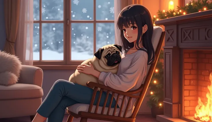 A heartwarming, photorealistic illustration of a young woman in an anime style sitting in her rocking chair peacefully in her cozy home next to her cozy fireplace fire, snuggled up with her adorable, 3cute Fawn pug and black and silver pugs. The room is ad...