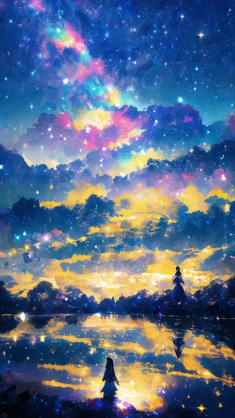 Girl from behind,((The pale yellow moon of a supergiant star))((A girl gazing at the stars is depicted subjectively.))、((Crying girl))、Profile Girls、On a multicolored background、Painting of a river with stars and moon in a rainbow sky、Shining Skyscrapers、O...