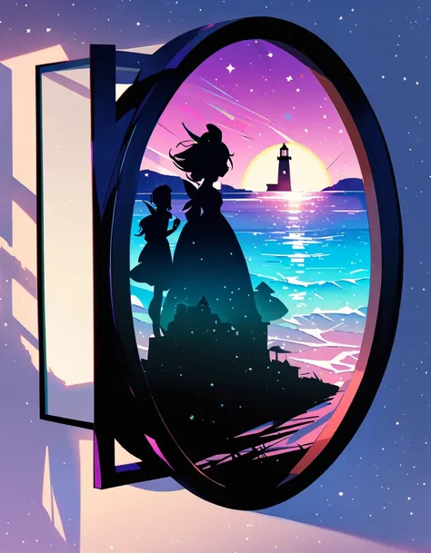 Flat illustration, 2D art, shadow art, shadow picture, (lighthouse), lighthouse shadow art (by Seiji Fujishiro). Lighthouse and ground made of shadows, windows made of colorful cellophane, Iridescent light is emitted from the lighthouse, with light particl...