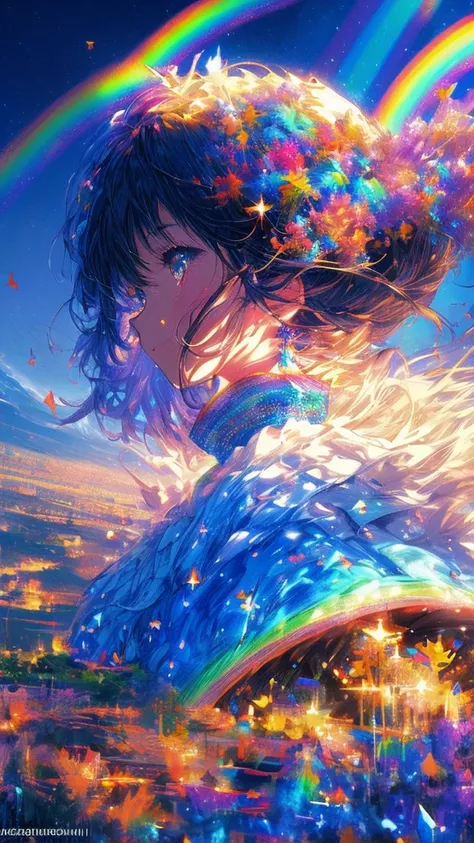 Girl from behind,((Super beautiful rainbow))((A girl gazing at a rainbow is depicted subjectively.))、((Crying girl))、Profile Girls、On a multicolored background、A delicate rainbow painting of the sun and blue sky、Shining Skyscrapers、Overall it shines、Concep...