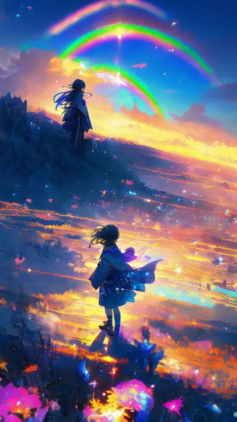 Girl from behind,((Super beautiful rainbow))((A girl gazing at a rainbow is depicted subjectively.))、((Crying girl))、Profile Girls、On a multicolored background、A delicate rainbow painting of the sun and blue sky、Shining Skyscrapers、Overall it shines、Concep...