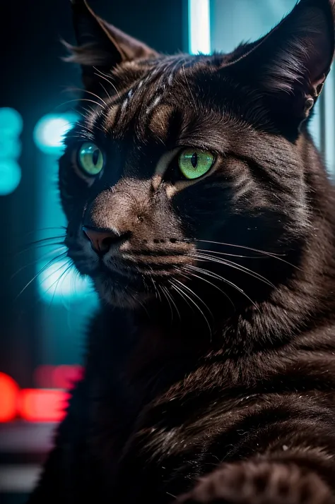 a close-up portrait of a big black cat, futuristic sci-fi environment, the lynx is eating a pizza and drinking coca-cola, cinematic composition, vibrant colors, hyper-detailed, photorealistic, 8k, masterpiece, detailed fur, intense eyes, sharp teeth, detai...