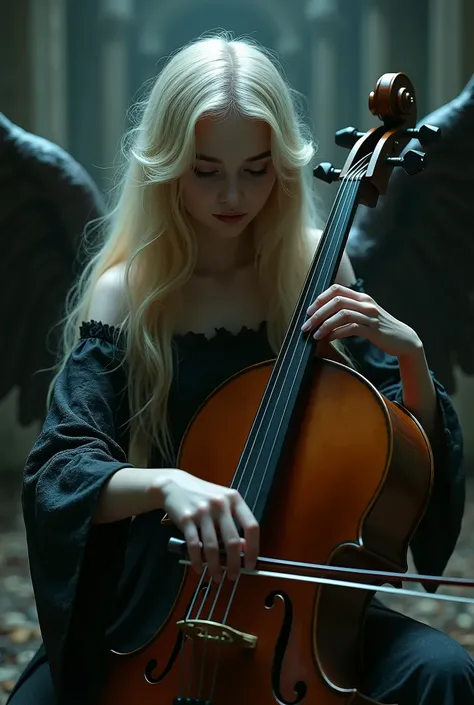 gloom atmosphere, dark angel blonde girl shadow dark fantasy playing the cello  cinematic,atmosphere dark , closeup , ornamented dress,very beautiful symmetric face 
