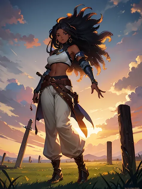 Dark skinned woman, Afro, two-tone hair, harem pants, tank top, jacket around waist, standing in vast grassy field, 20-years old, beautiful and symmetrical face, well-designed hands, proportional hands)), ((lite armor and thiefs clothing)) and inspired by ...