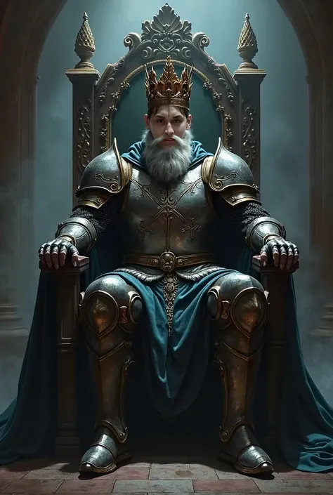 I want to generate a knight, sitting on a throne, a large crown reducing on his head, in the style of an 1890 movie like dark fantasy, a medieval style