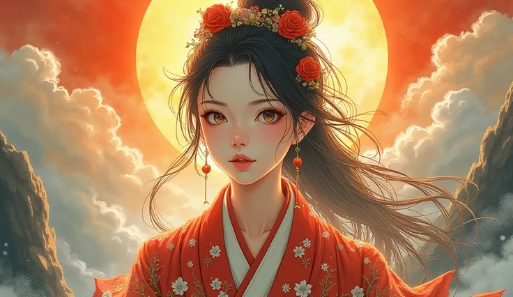 A fusion of oil and watercolor,Portraiture,cute,Anime illustration,Amaterasu Omikami,Amaterasu, Amaterasu-ōmikami, A man with no meat and vegetables, Shinmei, Tenshō-daijin, Tenshō-kodaijin