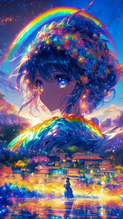 Saint Seiya,((Super beautiful rainbow))((虹を見つめるSaint Seiyaが主観的に描かれている))、((Crying boy))、Profile Girls、On a multicolored background、A delicate rainbow painting of the sun and blue sky、Shining Skyscrapers、Overall it shines、Concept art inspired by Sosai Tomiok...