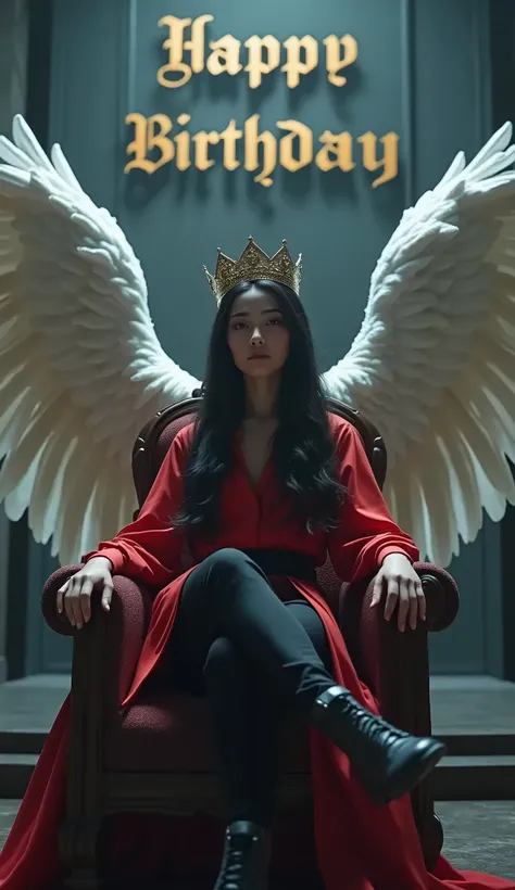 a 20 years girl sitting on king chair, wearin black pant and red shirt, long black hair, king attituce, wearing crown, throne, large white wings on chair, back wall is dark grey, happy birthday written on wall, UHD, 4K, ultra realistic, high details