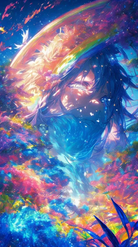 聖闘士Seiya,ペガサスSeiya,Seiya,((Super beautiful rainbow))((虹を見つめる聖闘士Seiyaが主観的に描かれている))、((Crying boy))、Profile Girls、On a multicolored background、太陽とblue skyが繊細に描かれた虹の絵、Shining Skyscrapers、Overall it shines、Concept art inspired by Sosai Tomioka、pixiv contest win...