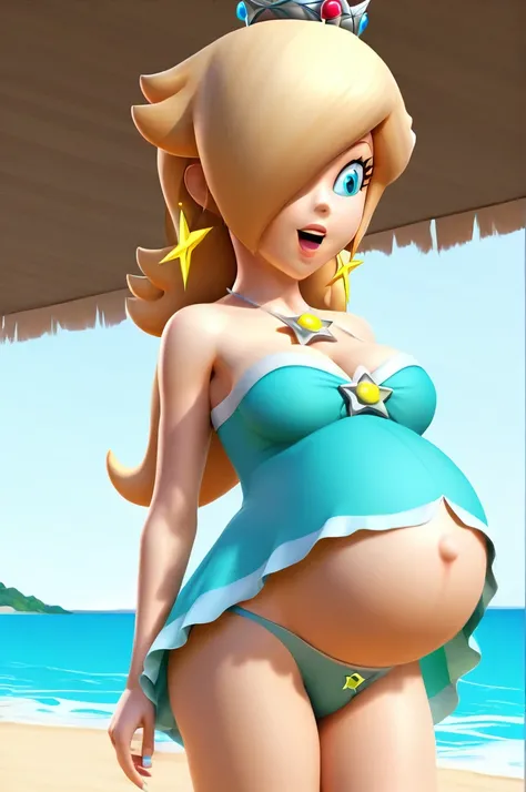 score_9, score_8_up, 1girl, solo, rosalina, style parody, thick outlines, bikini, Maternity dress, panties, pregnant belly, big belly, sleeveless, strapless, cleavage, indoors, beach, happy, showing his belly,