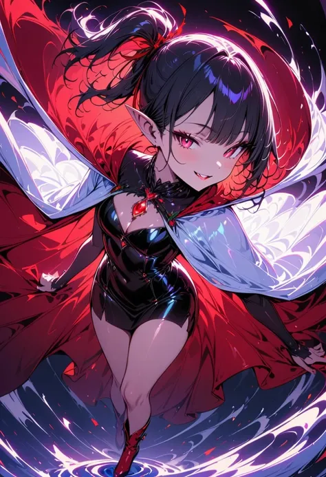 1人の可愛いvampireの少女,(Best Quality,Extremely detailed depiction,Incredible high resolution,Anatomically accurate,High quality anime drawings),(vampire,Black short dress,Elegant appearance,A red ribbon in her hair,Shiny red gemstone brooch,Red Cape,Red high boo...