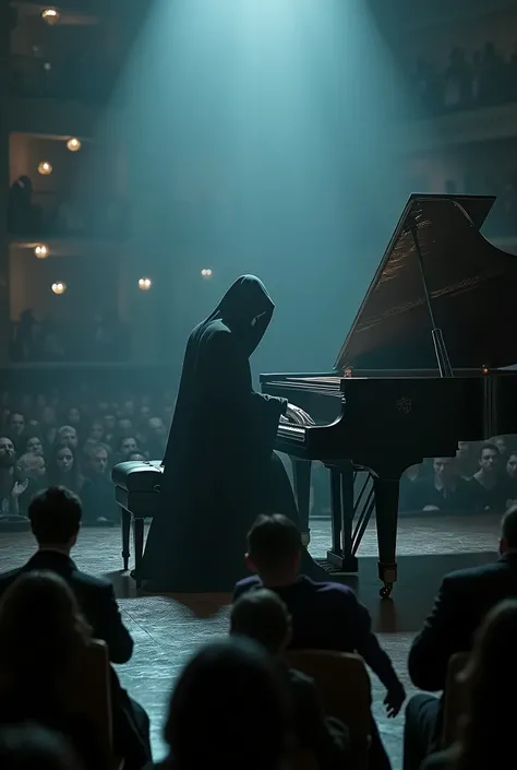 atmosphere, darkgrim reaper shadow dark fantasy playing the piano cinematic,atmosphere dark , concert hall full crowded spotlight
