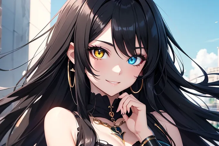 Anime Girl 20 years, balck-withe hair, elegant and sofisticate, happy, with luxurious jewelry, one eyes black, one eye white, happy, smiling, 

Hot clothes, hot girl, hot eyes, hot face, near, 

, Heterochromia yellow-cyan, 
