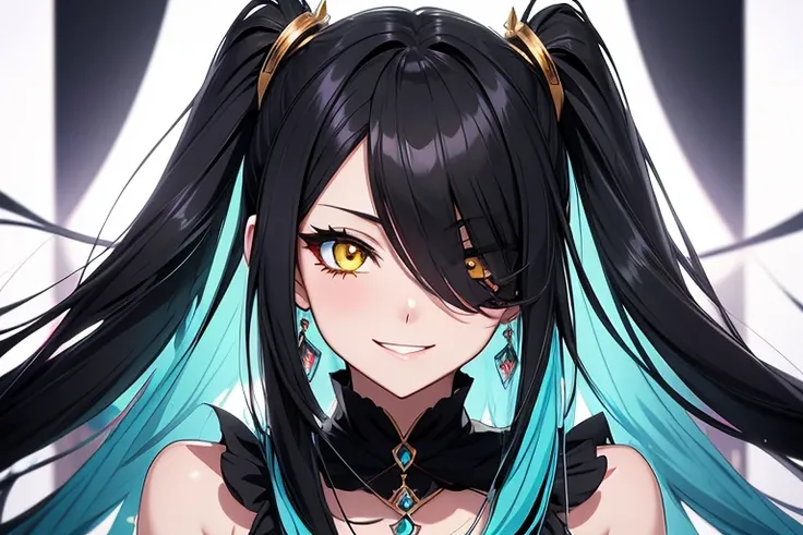 Anime Girl 20 years, balck-withe hair, elegant and sofisticate, happy, with luxurious jewelry, one eyes black, one eye white, happy, smiling, 

Hot clothes, hot girl, hot eyes, hot face, near face, 

, Heterochromia yellow-cyan, 

Not showing hands