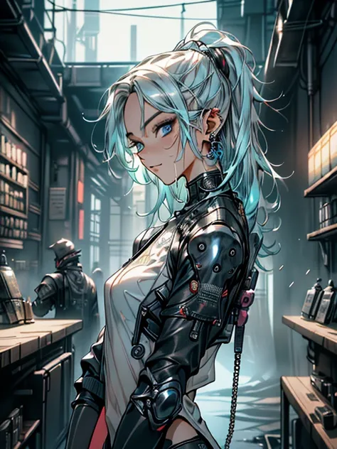 masterpiece, Please redeem, High Definition CG Unity 8k Wallpaper,((Upper Body)), (((Cyberpunk Gun Shop))), (Long pointy ears), (Choose a handgun), Elegant long wavy light blue hair, ((Average chest size, Self-illuminating skin)), ((Casual fashion exposed,...