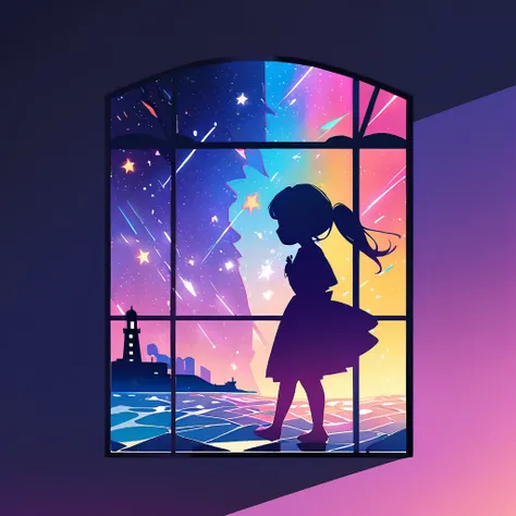 Flat illustration, 2D art, shadow art, shadow picture, (large lighthouse), lighthouse shadow art. Lighthouse and ground made of shadows, the windows are made of colorful cellophane. Iridescent light is emitted from the lighthouse, with light particles, Bla...