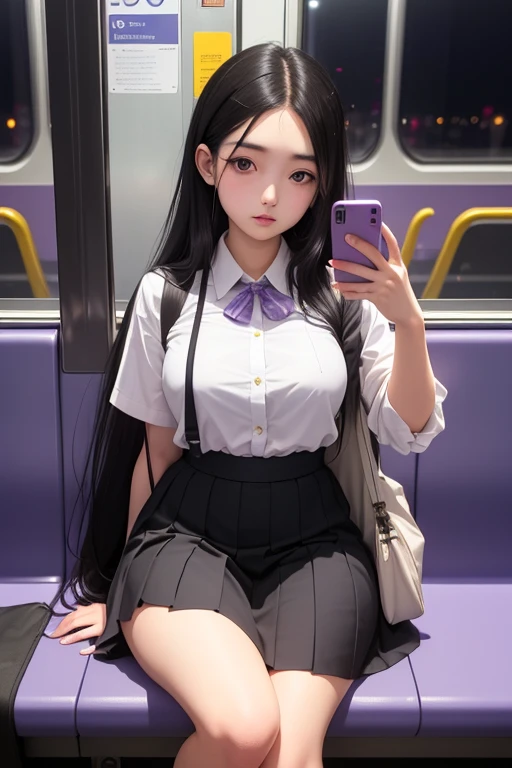 A beautiful young Japanese university student, wearing a school uniform, with long straight black hair in a hime style, lavender eyes, a large bust, wide hips, and thick thighs, sitting on a train bench looking at her phone, in the empty night-time interio...