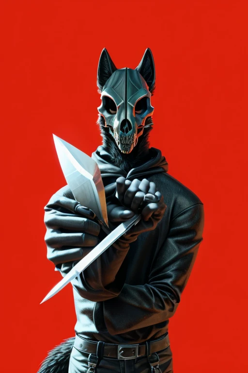 Male muscular black anthro wolf, furry black hand, wearing black chlotes, wearing black hoodie covering his head, black ear, black wolf skull mask, hand crossed in front of face, right hand holding short sword, right hand fist clenched and burned by rainbo...