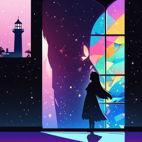 Flat illustration, shadow art, shadow picture, (large lighthouse). Lighthouse and ground made of shadows, the windows are made of colorful cellophane. Iridescent light is emitted from the lighthouse, with light particles, Black purple blue light blue gradi...