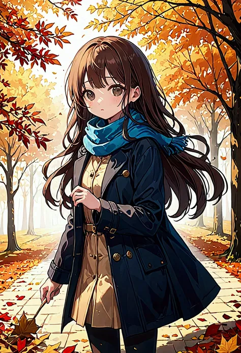 one girl\(long brown hair, cute, autumn outfit, scarf, coat, boots, picking leaves\(shining golden in the sunlight),whole body\\...