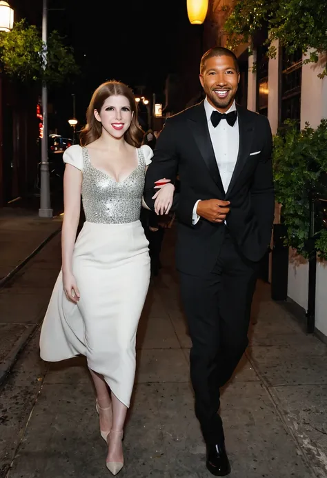 A full shot of Caucasian actress Anna Kendrick and African American actor Charles Michael Davis enjoying an evening stroll. Both are smiling. Both are attired attractively for a night on the town. Anna wears a sparkly white dress. Anna has lovely makeup on...