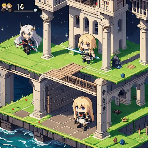 Pixel Art,Transformed Character,Chibi, Isometric view, Beneath a medieval pier lighthouse blazing at night, white knight(Long blonde hair, With a sword) And the Dark Night(Black Hair,With a sword) Fighting, Many civilian s, Screenshots of the game